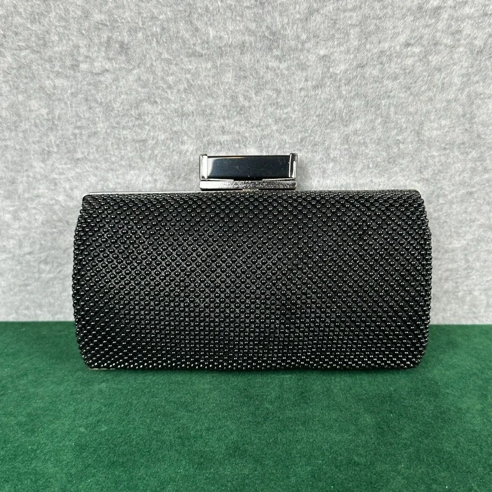 Fully‎ Beaded Evening Bag Black Purse Hard Shell Clutch Hideaway Crossbody Chain